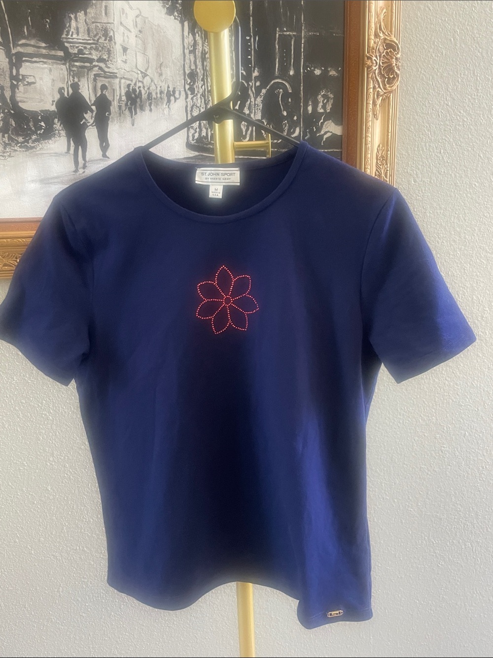 St. John Sport by Marie Gray Navy Short Sleeve Tee with Pink Flower Motif
